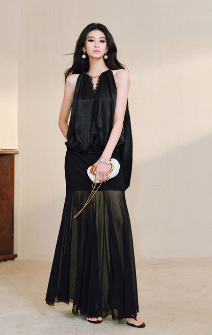 WANGXO| Acetate  Lace-Trimmed Metal Chain Halterneck V-Neck Pleated Top -AYRA.