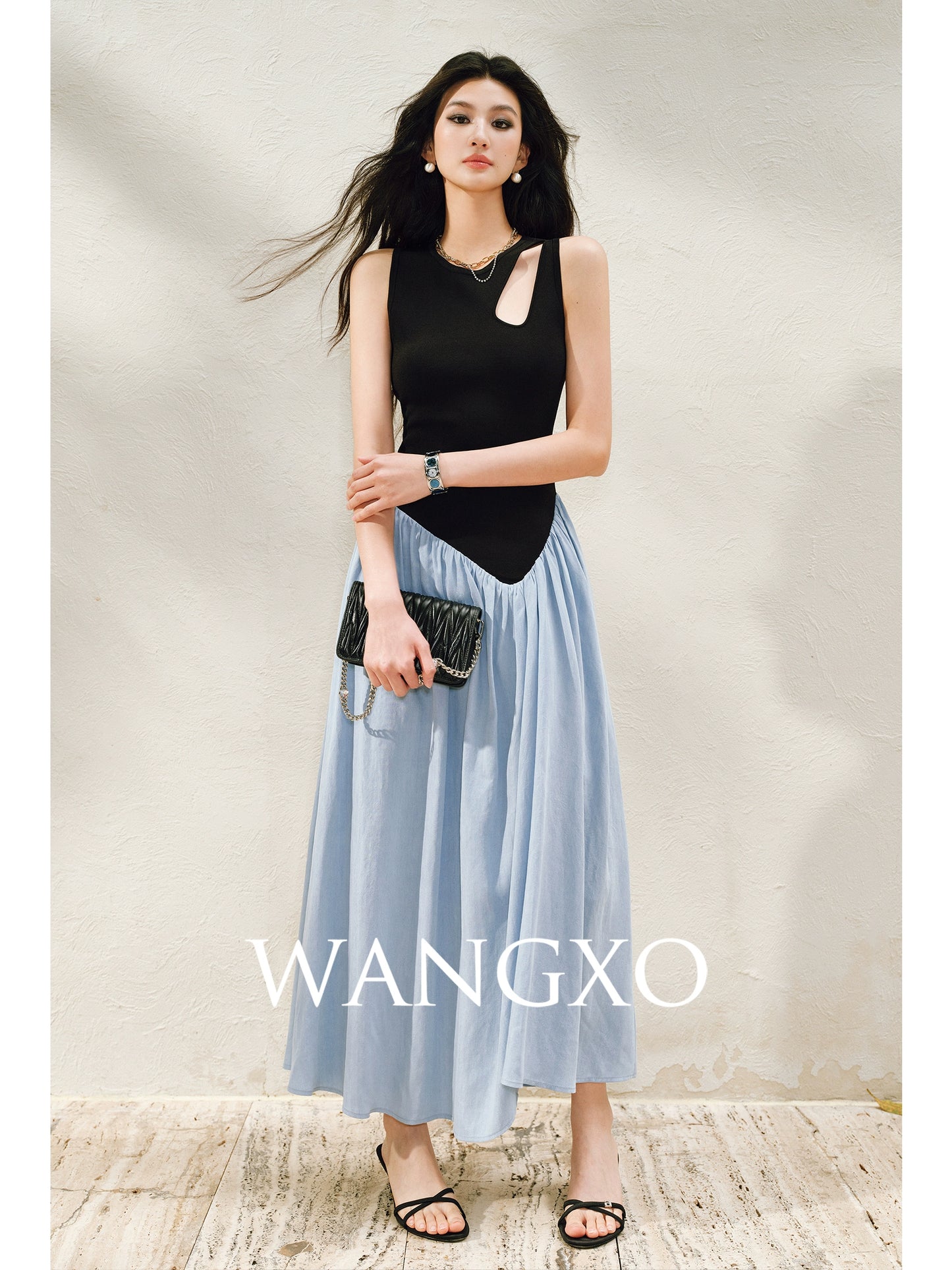 WANGXO |Tailoring Sleeveless Umbrella Hem Dress in Sculpted Casual Elegance -LUMA