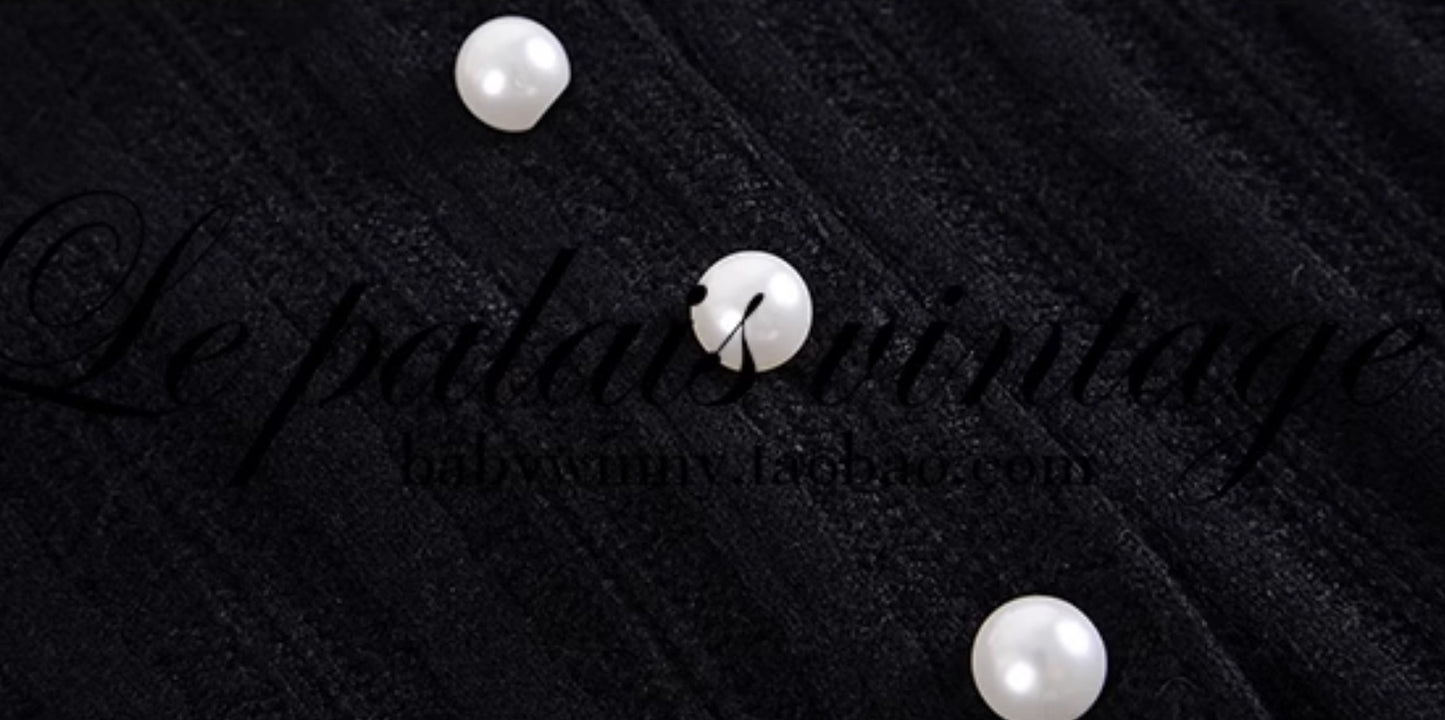 Le Palais Vintage Elegant Black and White Round Neck Cardigan High Waist Pencil Office Skirt-Ivy