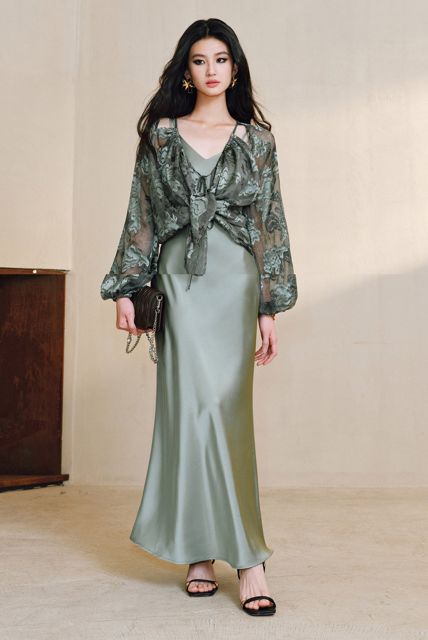 WANGXO Devoré Lace Light and Shadow Heavy Industry Bias French Cardigan & Satin Sundress Set - ESMEE