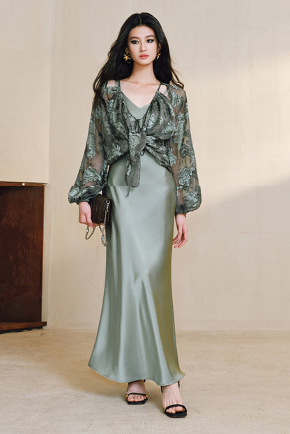 WANGXO Devoré Lace Light and Shadow Heavy Industry Bias French Cardigan & Satin Sundress Set - ESMEE
