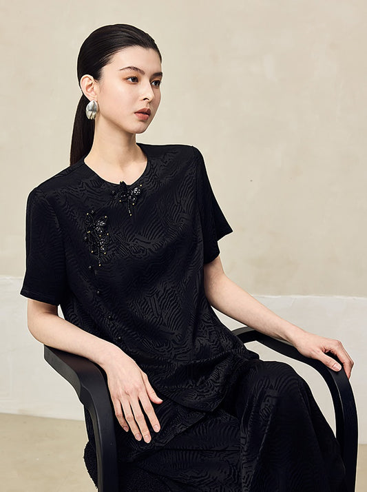 HECO Jacquard Round Neck Short Sleeve Black White Shirt Top Woman - GRACE.