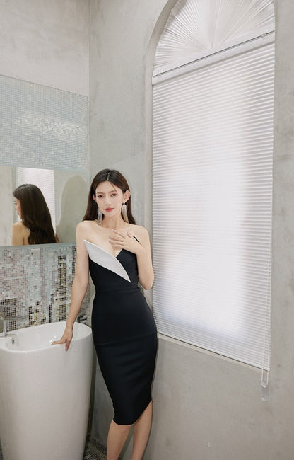 DOLLY Elegant Black and White Sleeveless Bandeau One Shoulder Long Dress-DEVIKA