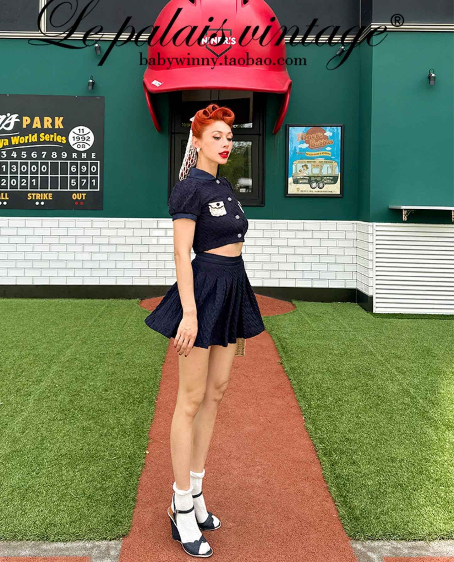 Le Palais  navy knitted puff sleeve top pleated skirt-XERX