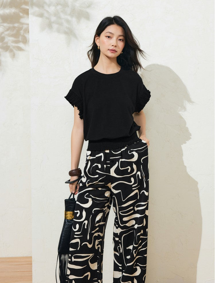 SUSHETencel Loose H-Shaped Wrap Waist Design Sense Short Sleeve T-Shirt Knit Top-RUTH