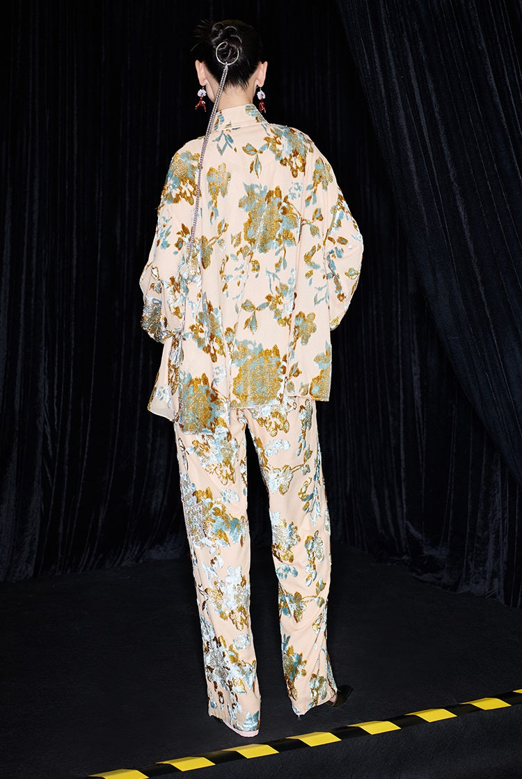 M essential Mackay designer brand Qili burnt flower velvet beads loose top - WORD.