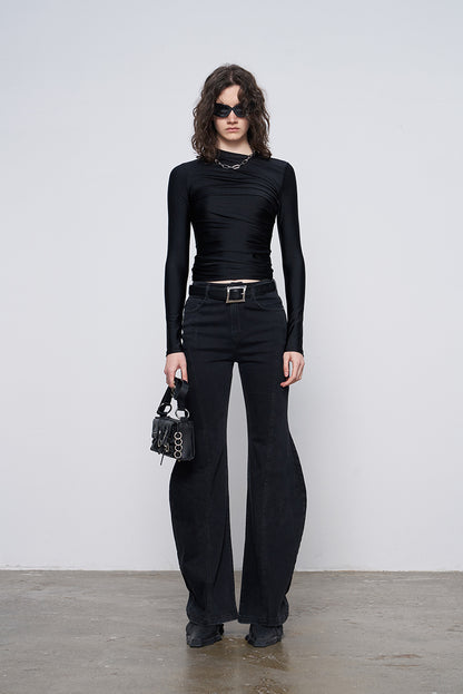 ANNAKIKI black pleated texture long-sleeved  top for women-VENUS