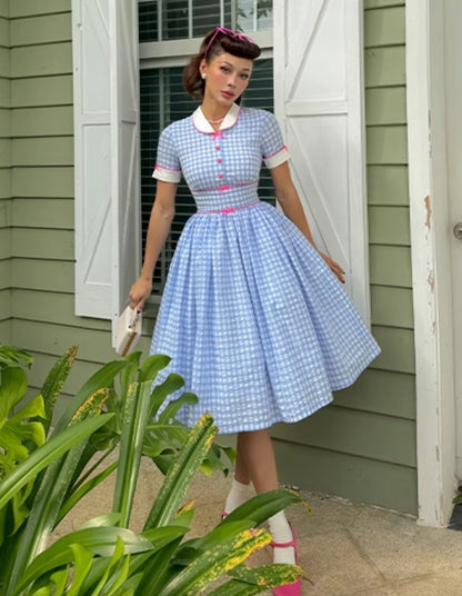 Le Palais Vintage Blue Plaid Waist Swing Skirt Puffy Skirt-SEM