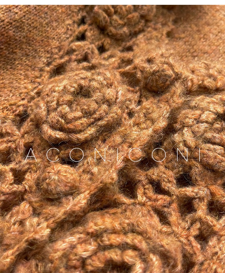 Aconiconi Luxury Loose V-Neck Long Sleeve Crochet Sweater - Camellia in the Fields