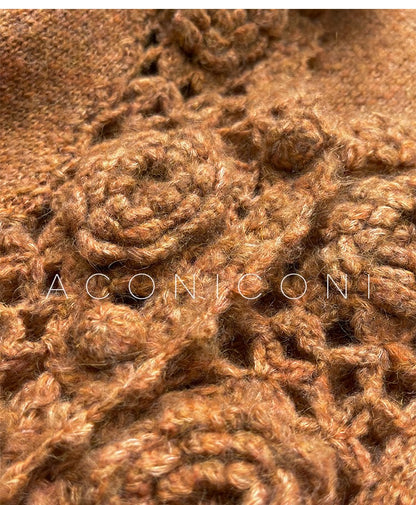 Aconiconi Luxury Loose V-Neck Long Sleeve Crochet Sweater - Camellia in the Fields