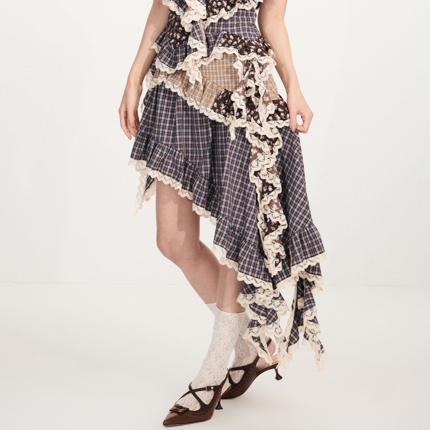 FAME Retro Check Floral Splicing Pastoral Irregular Skirt - CAIUS.