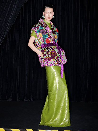 M essential Mackay luxury multi-color embroidered gilet vest top sequin green skirt - twelve