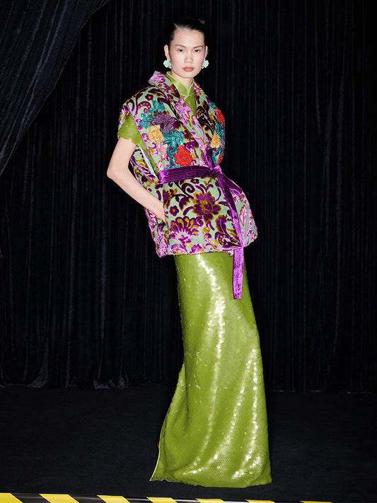 M essential Mackay luxury multi-color embroidered gilet vest top sequin green skirt - twelve