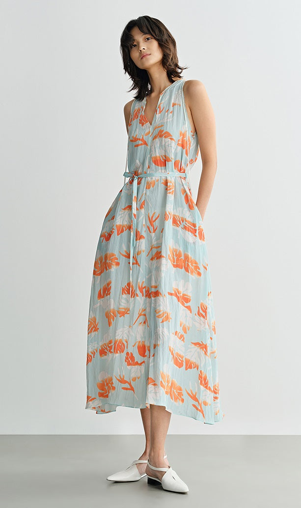 COMME MOI Lv Yan Designer Summer Women's V-Neck Sleeveless Resort Print Dress - OLIVIA.