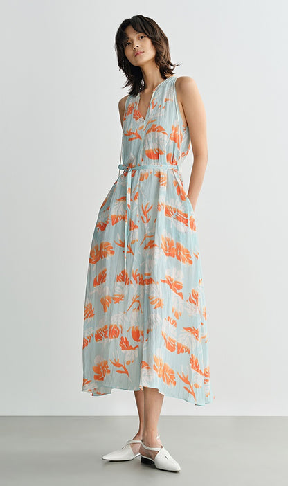 COMME MOI Lv Yan Designer Summer Women's V-Neck Sleeveless Resort Print Dress - OLIVIA.