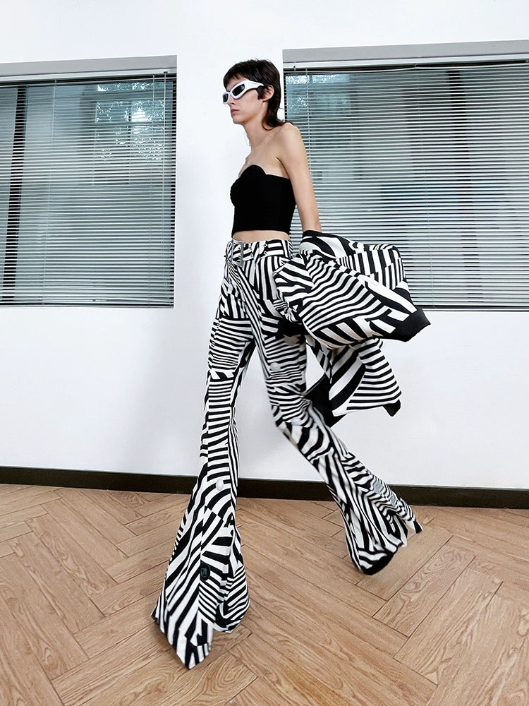ANNAKIKI black and white contrasting special-shaped striped bootcut trousers for women-HIRANO