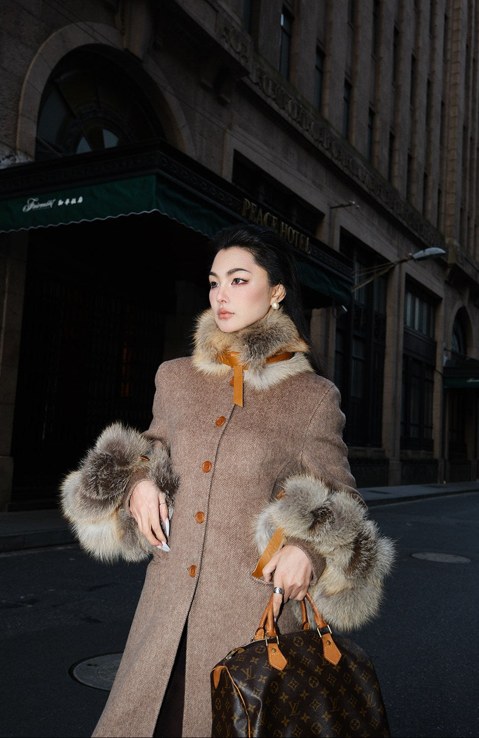 MEI SANGUAN Coffee Fur Collar Woolen Sleeve Coat- ERIC