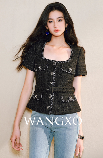 WANGXO Filigree Lumina Top High-End Delicate Webbing Belt & Square Neckline - MIRNA