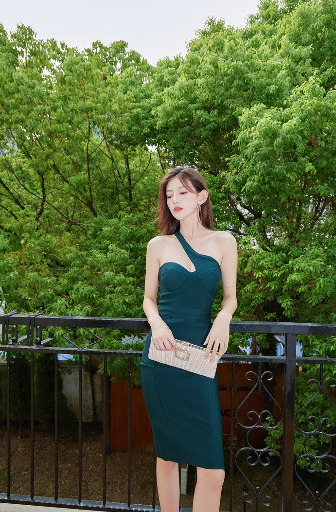 DOLLY High End Deep Green Slant Collar Sleeveless Body Hug Short Dinner Dress-ODETTE