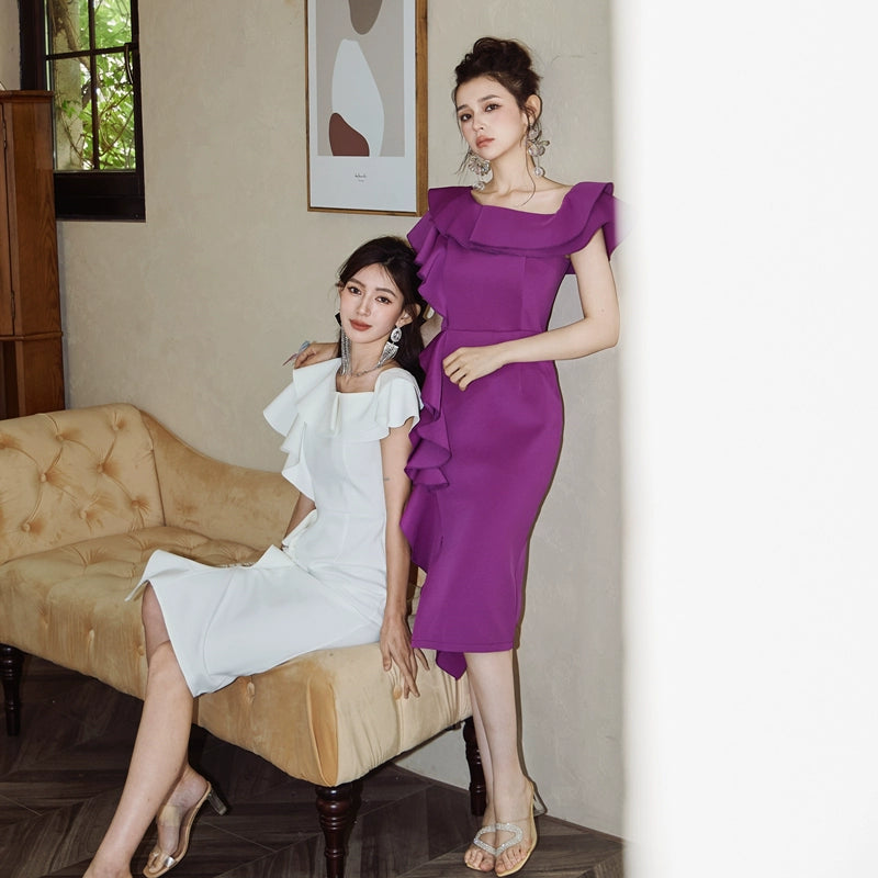 DOLLY High End Purple Ruffled Square Collar Slim Fit Formal Dinner Dress-ANGELIKI