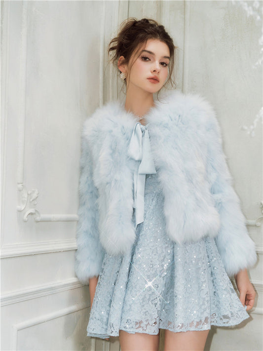 Wardrobes By Chen Elegant Blue Long Sleeve Fur Jacket/Short Party Dress - Titi