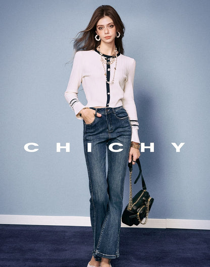CHICHY High Street Retro Bootcut Blue High-Waisted Length Pants-LEXI