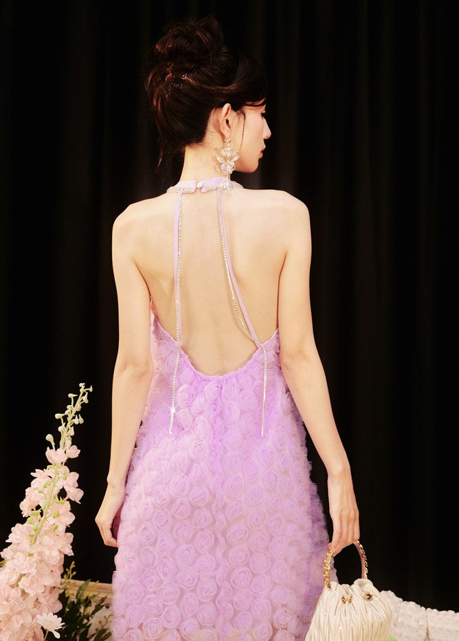 DOLLY High End French Style Violet Sleeveless Halter Neck Loose Dinner Dress-Flower  (V)