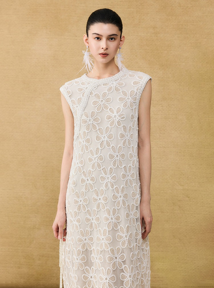 HECO Chinese style two pieces embroidered mesh spliced long dress - MAGIC.