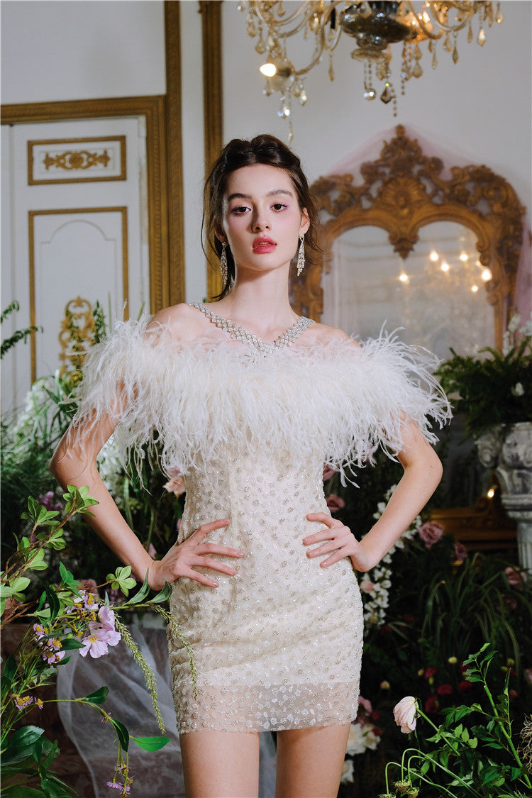 Wardrobes by Chen Luxury Off White Off Shoulder Feather Short Mini Party Dress-Genny
