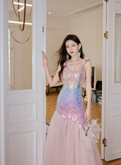 DOLLY Luxury Gradient Deep V-Neck Sleeveless Sequin Long Backless Party Dress-IVETTE