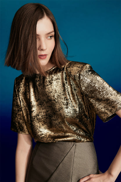 PURITY Versatile lacquered gold fabric drape shoulder top- Gon