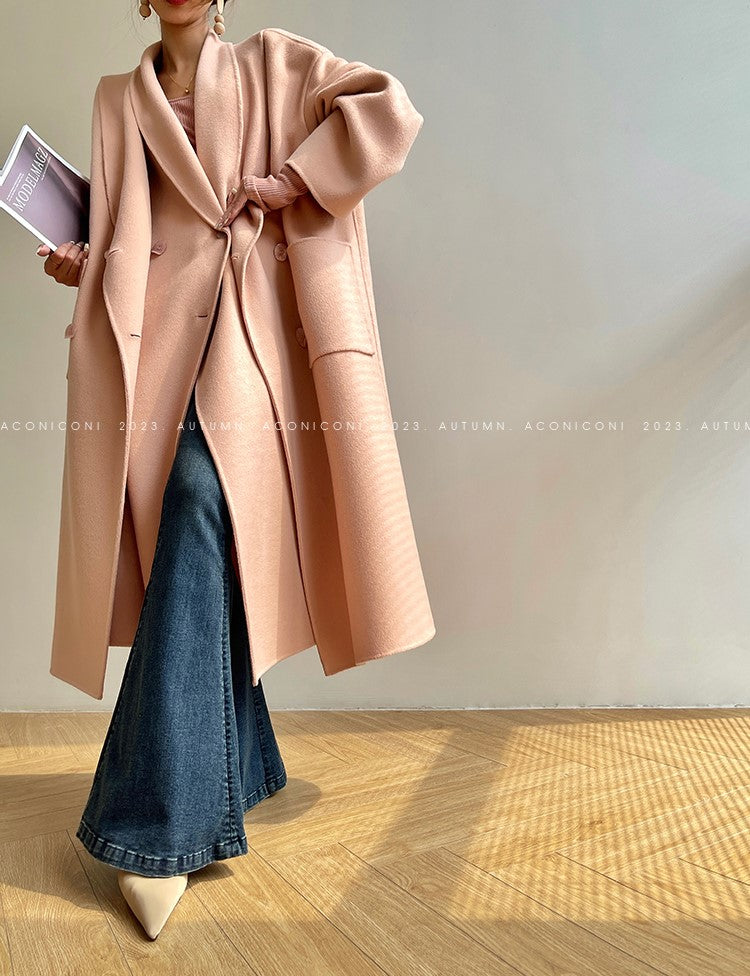 Aconiconi Luxury Pink Peach/Black Double Collar Long Wool Coat