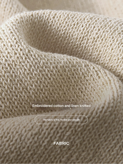 Sushe Flower Linen Cotton Embroidery Polo Collar Pullover Knit Stretch Loose-BRENDA