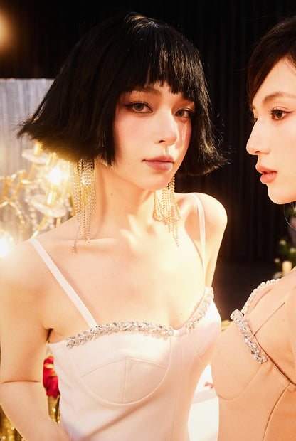 DOLLY High End White/Nude Sleeveless Diamond Fish Tail Suspender Dress-JABEL