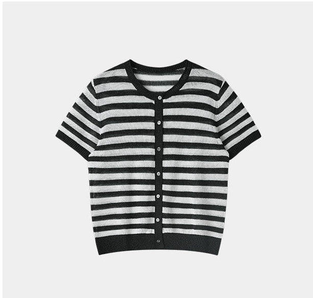 SUSHE light hollow texture striped short-sleeved knit sweater new stretch loose top -BESS