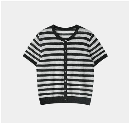 SUSHE light hollow texture striped short-sleeved knit sweater new stretch loose top -BESS