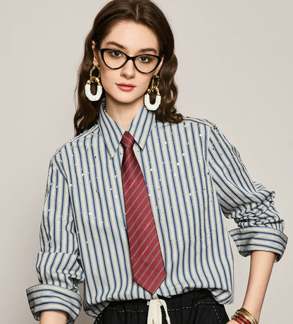ANNASPEAK striped long staple cotton truncated shirt-QUEN.