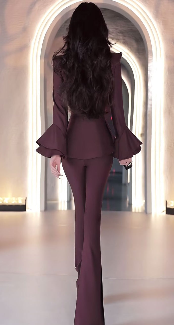 VJE  slim ruffled flared pants two-piece suit set - KINK.