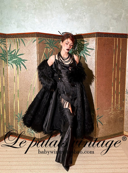 Le Palais Vintage High End sleeveless stain wrapped shirt tassel  sexy long black dress-Alora