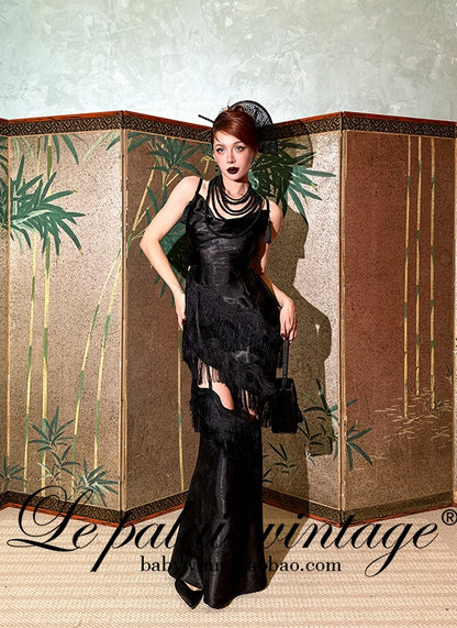 Le Palais Vintage High End sleeveless stain wrapped shirt tassel  sexy long black dress-Alora