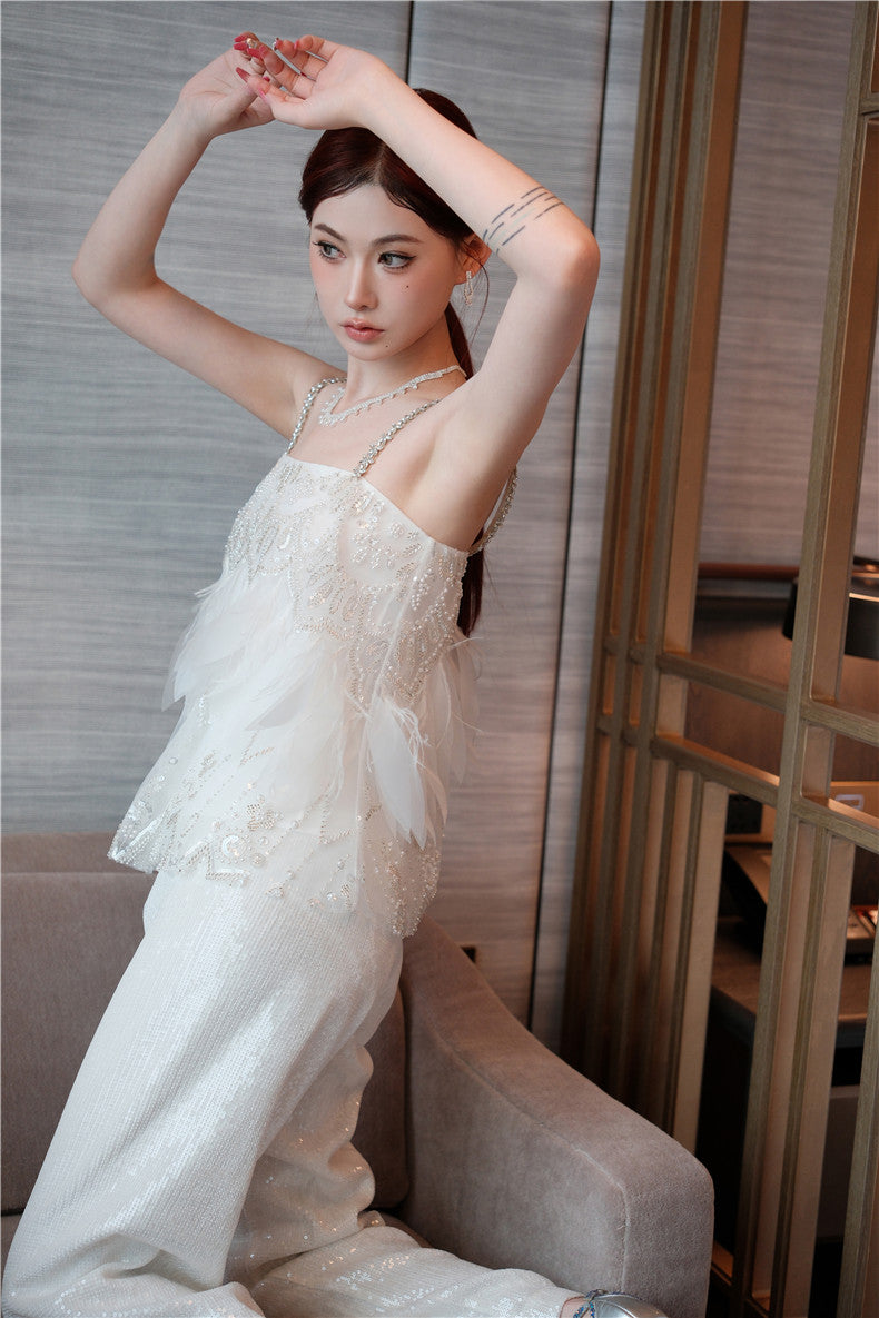 Wardrobes by Chen White sequin Strap Lace Loose Top High Waist Straight Pant-Lacey