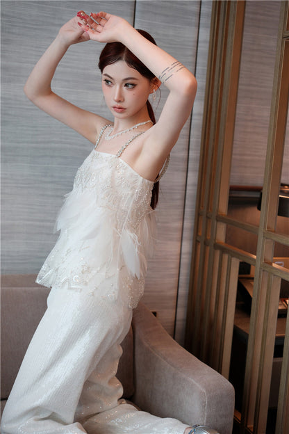Wardrobes by Chen White sequin Strap Lace Loose Top High Waist Straight Pant-Lacey