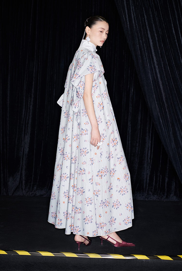 M essential Mackay designer Jinghe Printing floral nail bead puff sleeve dress - HAPPY.