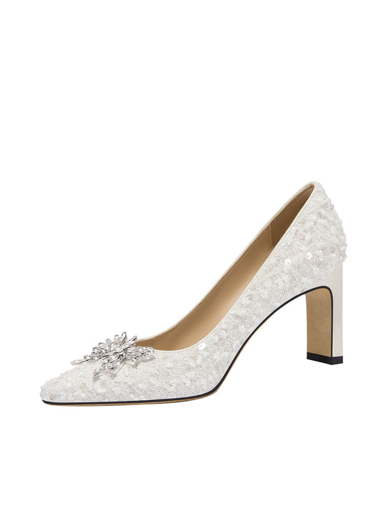 Lily Wei [Phantom Snow Flowers] White Square Head Banquet Main Wedding DressBride High Heels, Block Heels, Comfortable- AMY