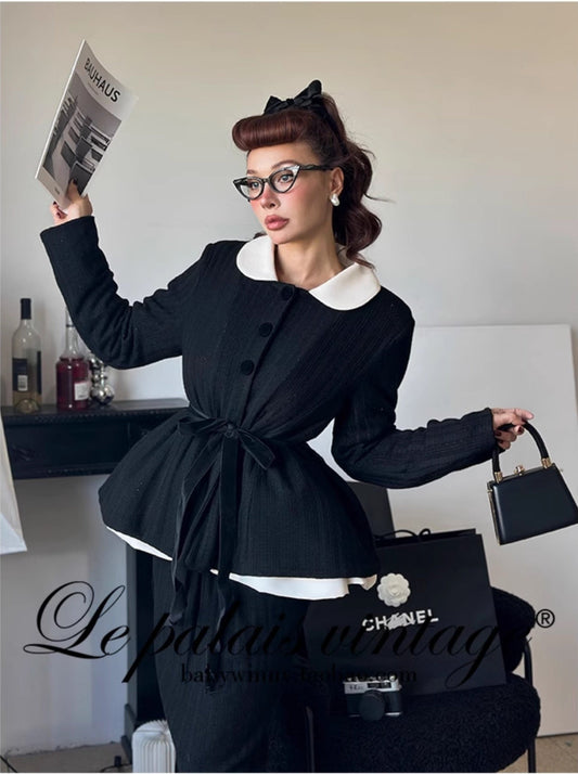 Le Palais Vintage Elegant Black Single breasted Long Sleeve White Collar Jacket -Elena