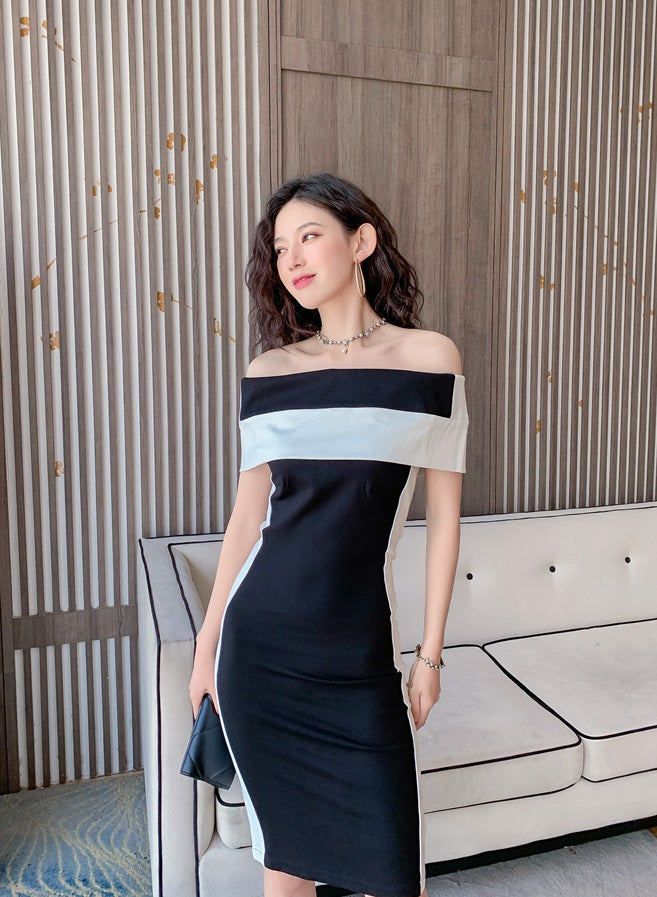 DOLLY Elegant Black and White Off Shoulder Short Sleeve Long Bandage Dress-MAZE