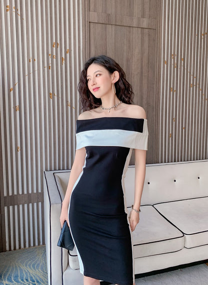 DOLLY Elegant Black and White Off Shoulder Short Sleeve Long Bandage Dress-MAZE