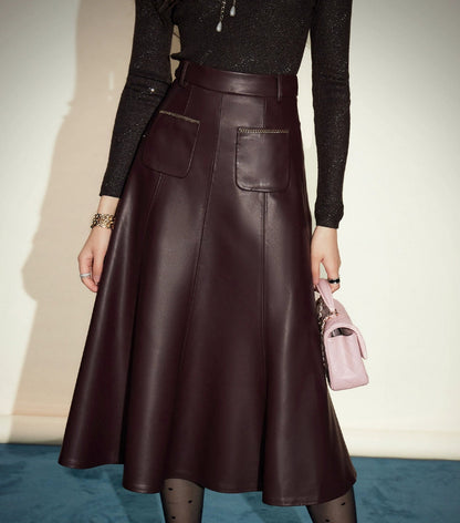 CHICHY retro socialite dark red leather long skirt-DAN