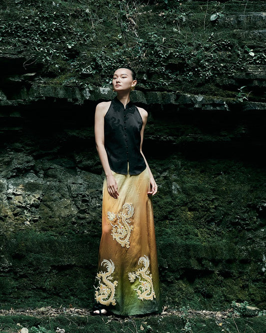 HECO Chinese blended gradient golden dragon embroidered straight skirt - RELY.