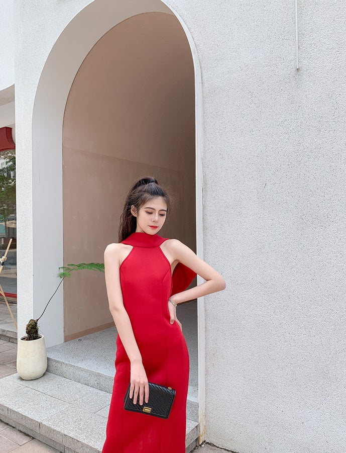 DOLLY Luxury Halter Neck Sleeveless Backless Big Bow Dinner Dress-PELA